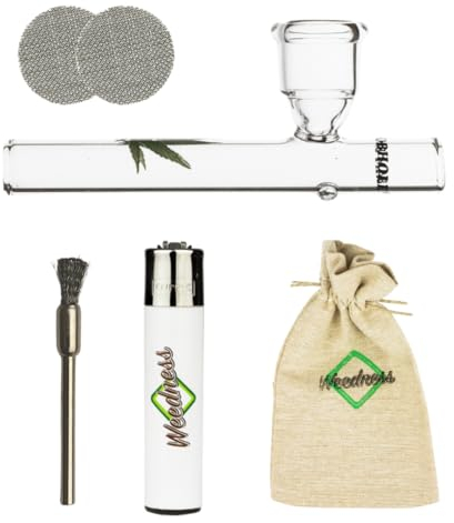 Weedness Glas-Pfeife 10 cm mit Leaf 5-teiliges Set – Tabakpfeife Kawumm Pfeife Smoking Pipe Glaspfeife