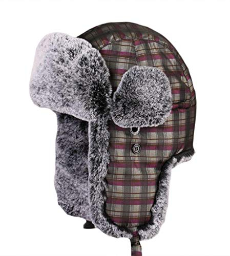 Cozomiz Wintermütze Warme Fliegermütze with Ohrenschützer für Herren Damen Fellmütze Kunstfell Russenmütze Pilotenmütze Hut Trappermütze Uschanka Gingham Lila Large