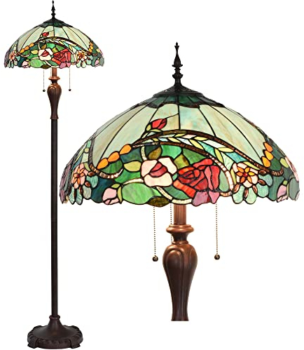 Bieye L30740 Lampadaire en verre teinté de style Tiffany à fleurs roses avec abat-jour de 18 pouces de large pour lire la chambre de travail, 3 lumières, 65 pouces de hauteur