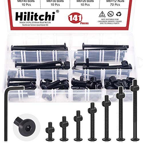 Hilitchi Assortiment de 140 vis noires à tête hexagonale M6 - Écrous cylindriques - Kit de quincaillerie pour lit de bébé, meubles de berceau, berceaux et chaises (20-80 mm)