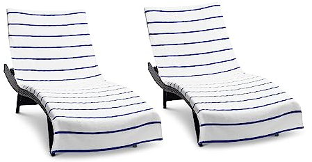 Arkwright Lot de 2 Housses de Chaise Longue Las Rayas 100% Coton Doux à Rayures avec Porte-Poche pour Chaise de Plage, Piscine d'extérieur, 76,2 x 215,9 cm, Bleu Marine
