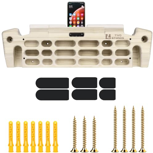 TWO STONES Hangboard - Tabla de escalada con soporte para teléfono, soporte para correa, jarra, grietas, pellizcos, bolsillos, bordes y pendientes; tabla colgante de madera para escalada