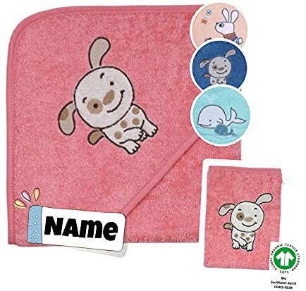 Stickling Baby Kapuzenhandtuch Set mit Waschlappen | 100% Bio Baumwolle | Baby Handtuch 80 x 80 cm Kapuzenbadetuch | personalisiert mit Name | Baby Badetuch Bestickt mit Namen (Hund Koralle)