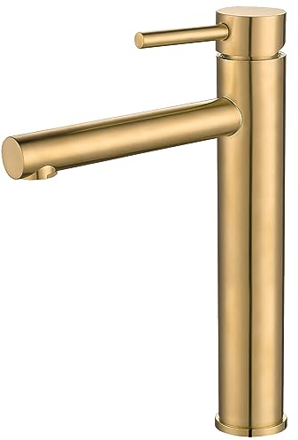 VALAZ Grifo Lavabo Dorado Cepillado Protección PVD Alto Pica | Grifo Monomando Lavabo, Mezclador Agua Fría y Caliente, Ahorro de Agua | Instalación Facil, Latón, Inoxidable, Caño Recto, Serie Palancia