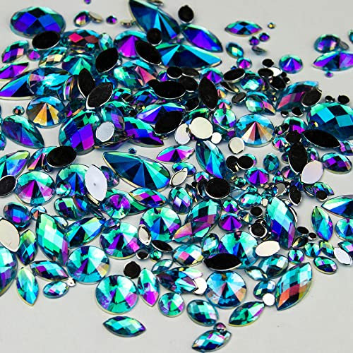 15g Bag of Mixed 3mm-18mm Flat Back Iridescent Rhinestone Gems in a Variety of Shapes and Sizes (A7. Blue)
