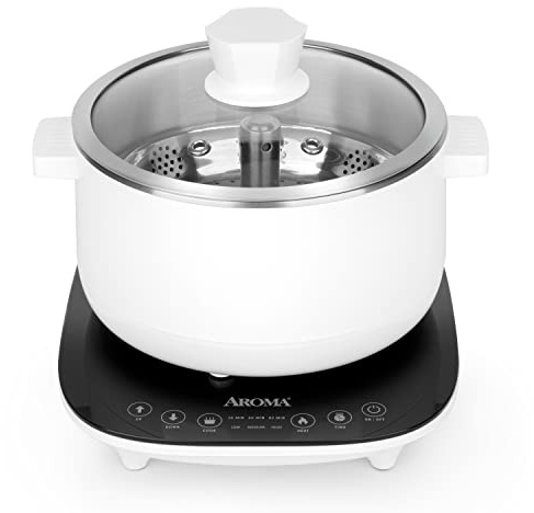 Aroma Housewares 2.5-Liter Smart Electric Hot Pot & Rapid Boil Steamer with Automatic Stainless Steel Steamer Basket Lift, White, ASP-700