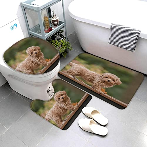 AOLIGL Badematte Hund Mini Pudel Badematten Set rutschfest Waschbar Badgarnitur 3teilig - WC Deckelbezug U-förmigen Contour Badezimmerteppich Matte Flauschige Mikrofaser