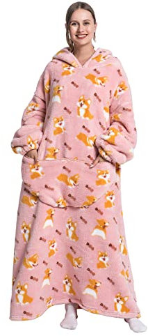 Seogva Extra lange tragbare Decke, Hoodie, übergroße Decke, Sweatshirt für Damen und Herren, super warm und gemütlich, riesige Kapuzendecke, dicke Flanelldecke mit Ärmeln und riesiger Tasche, Corgi,