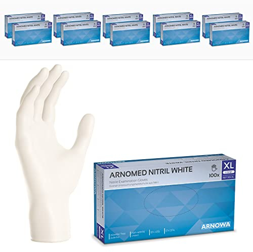 1000x ARNOMED® Gants en nitrile taille XL Blanc, Gants à usage unique pour chirurgie & laboratoire, Gants en nitrile sans poudre & sans latex, Moufles en nitrile XS, S, M, L, XL, XXL