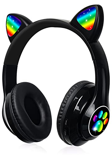 Cuffie Bluetooth per Bambini Wireless con Luce LED, Orecchie di Gatto, Pieghevoli sull'Orecchio, Microfono, Micro SD - Regalo di Natale/Compleanno per Ragazze (Nero)