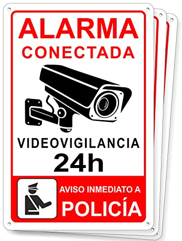 pubblimania N. 3 Cartel Alarma Conectada Señal Videovigilancia Aviso a la policía en aluminio 3mm (N° 3 Cm 20x15, Cartel Alarma Conectada)