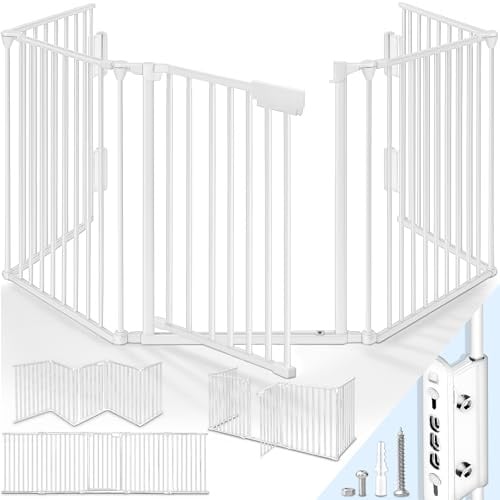 KIDUKU® Kaminschutzgitter mit Tür Metall 360 cm | Absperrgitter ohne Bohren | Ofenschutzgitter als Kinderschutz faltbar | Konfigurationsgitter für Baby & Kinder | Hundegitter inkl. 6 Elementen (Weiß)