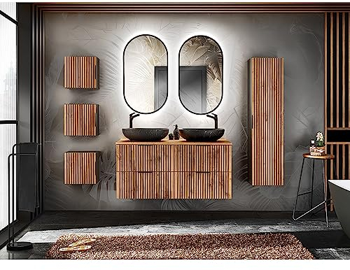 Lomadox Badezimmer Komplett Set 7-teilig schwarz gerillt Doppelwaschtisch 121 Unterschränke Aufsatzwaschbecken LED Spiegel Hängeschränke Hochschrank anthrazit mit Eiche Nb.