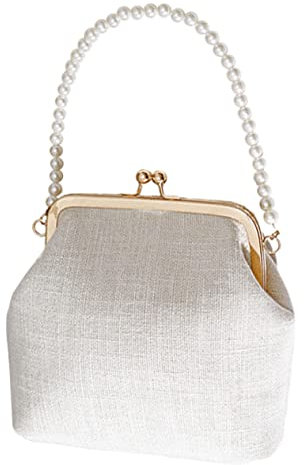 VALICLUD WeißE UmhäNgetasche Damen Handtasche, Elegante Schultertasche Mit Perlengriff, Kiss-Lock-Verschluss, Canvas Material, Ideal FüR Partys Und Alltag