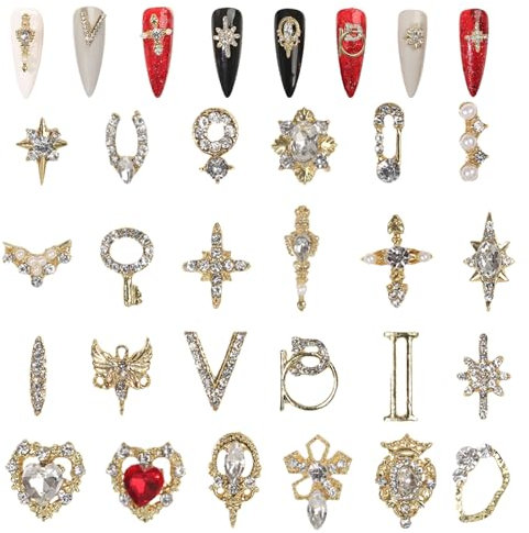 3D Nail Charms, 24 Pcs Shiny Nail Rhinestones Gems Heart Cross Nail Art Charms Gold Metal Nail Jewelry Luxury Crystal Nail Art Decoration for Nail Design DIY Crafts (Gold)