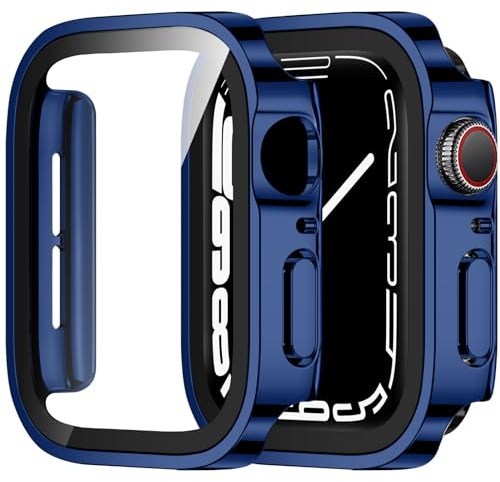 ZZDZZ 2 Piezas Funda Compatible con Apple Watch SE Series 6 Series 5 Series 4 44mm con Protector de Pantalla Vidrio Templado, HD Ultra Thin PC Dura Estuche Protector para iWatch 44mm (Azul)