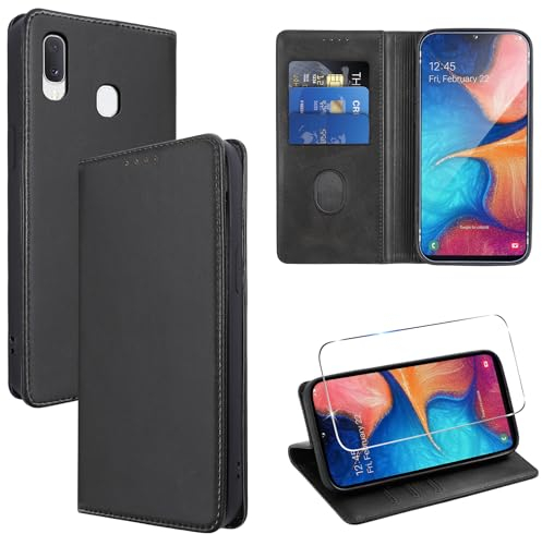 Vauki Hülle Leder für Samsung Galaxy A20e Handyhülle mit 1 Schutzfolie, Standfunktion Kartenfach Wallet Schutzhülle Flip Case Cover Stoßfeste Klapphülle für Samsung Galaxy A20e 5.8,Schwarz