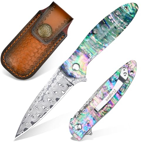 Zingbee Damast Taschenmesser Klappmesser mit Gürtelclip, Damaststahl Klinge, Liner Lock, Abalone-Muschel Griff, Geschenkbox - EDC Einhandmesser für Camping Sammeln Jagd Wandern