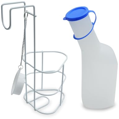 Set Urinflasche und Halterung für Männer | Set aus 2 Teilen | 1000 ml PP-Urinflasche mit Deckel inklusive Betthalterung Krankenbett | mit Messlinien | wiederverwendbar