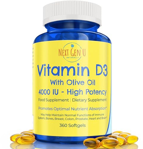 Vitamin D3-4000 IU, 360 Softgels - Food Supplement - with Olive Oil to Support Immune & Bone Health - by NextGenU