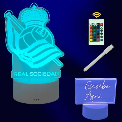 Cool&Cute Lámpara Real Sociedad 2 pantallas y 16 colores de luz, Lámpara led mesita de Real Sociedad+Pantalla Lisa para escribir. Mando distancia, cargador y lápiz mágico.Fútbol