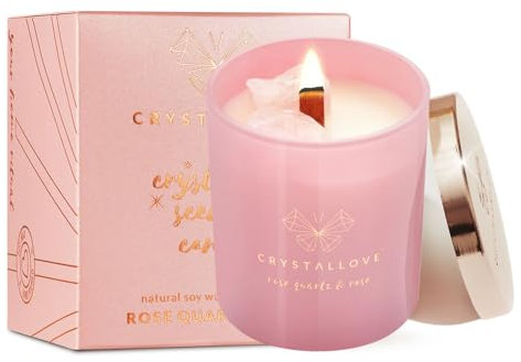 CRYSTALLOVE Duftkerze im Glas - Natürliche Soja-Kerze mit Rosenquarz und Rose - Candle - Geschenk Kerze - 220g - lang anhaltende Kerze für Zuhause - Blumenduft