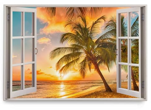Paul Sinus Wandbild 120x80cm Fensterbild Traumstrand Karibik Palmen Sonnenuntergang Meer