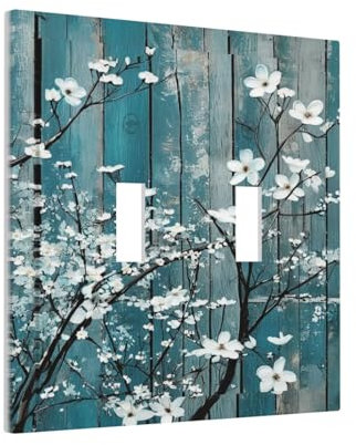Xuejiaku Plaques d'interrupteur décoratives - Fleurs blanches - Planche en bois bleue - Plaque murale unique à 2 interrupteurs - Plaque murale à double interrupteur électrique - Double appareil