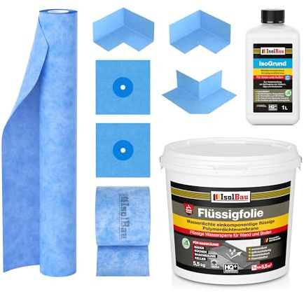 Isolbau Dichtset - Inkl. 1x Flüssigfolie (5,5 kg), 1x IsoGrund (1 L), 1x Dichtband (5 m), 1x Dichtbahn (1 m), 2x Innenecken, 1x Außenecken & 2x Manschetten - MPA