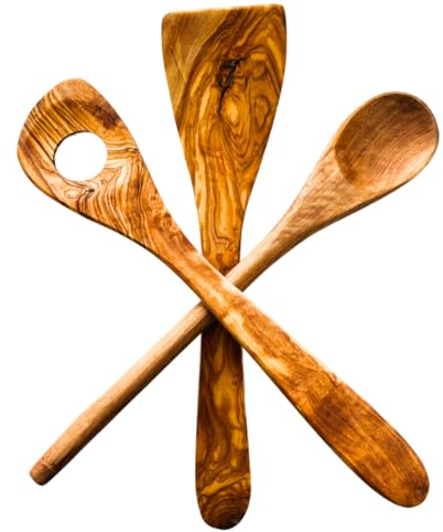 Kochlöffel Holz aus Olivenholz - Pfannenwender Kochlöffel Risottolöffel - Olivenholz naturbelassen - unbehandelt und gemasertes Holz - Made in Germany (Köchlöffel 3er Set)