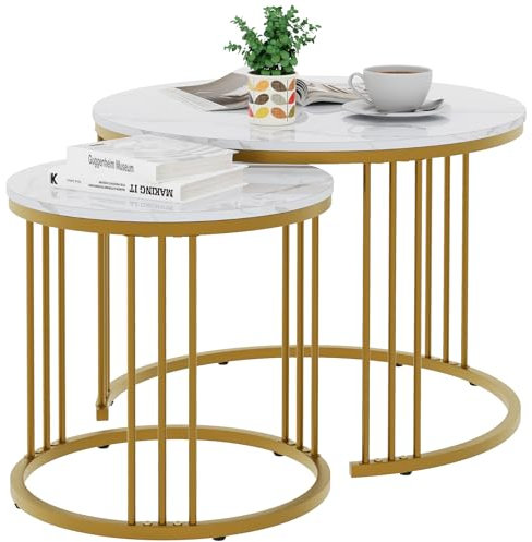 Huhote Runde Couchtische, 2er-Set, Beistelltisch, Beistelltisch mit Metallrahmen, für Wohnzimmer/Schlafzimmer/Balkon/Büro/Wohnung, Durchmesser 60 cm (Gold)