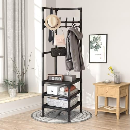 CUCKQUIC Retro-Eckgarderobe,Kleiderständer, Garderobenständer Mit 3 Ablagen, Garderobe Mit 4 Haken, Multifunktionales Design, Geeignet Für Kleidung, Hüte Black,Three Layer
