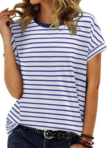 KISSMODA Womens Crew Neck Tops Short Cap Sleeve Tshirts Striped Color Block Tees Ladies Casual Summer Shirts Tunics