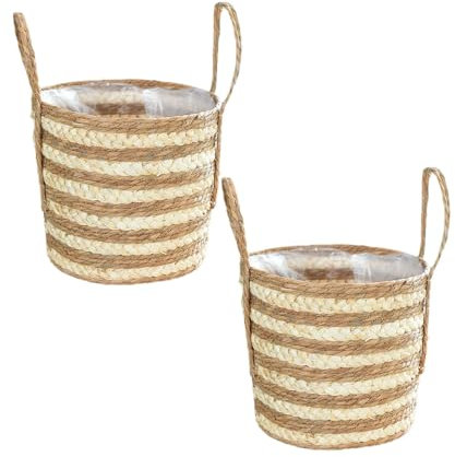 JNRFTY 2 Größen Set Blumentöpfe Geflochten Seegras Pflanzenkörbe,übertopf Korb für Zimmerpflanzen,Übertöpfe mit Griffen 25cm und 29cm Durchmesser