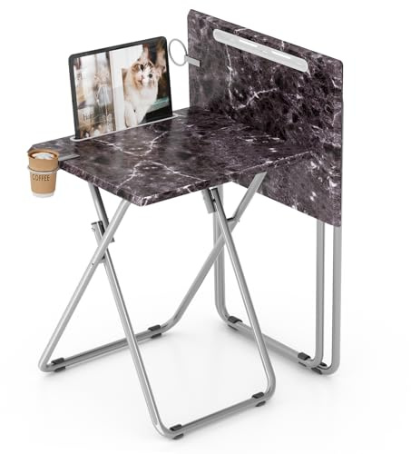 Fleecy day Folding TV Tray Table Set of 2, TV Snack Trays Tables for Eating, Folding Tray Side Table with Cup Holder for Living Room, Bedroom,Office (Black Marble, 2PCS)