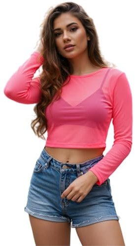 STAR FASHION Sheer Mesh Crop Top for Womens Stretchy Cropped Mesh Top Long Sleeve Crew Neck Ladies See Through Tops Clubwear Neon Pink 8-10