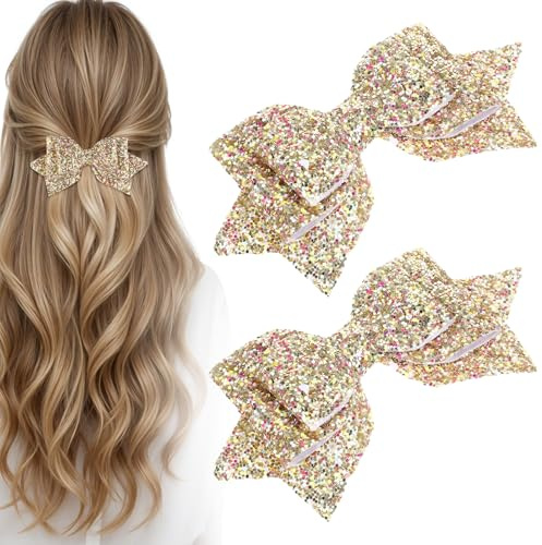 Mabor Pinces à cheveux en or avec paillettes, lot de 2 pinces à cheveux avec nœud à paillettes, coiffures douces et brillantes avec pince crocodile