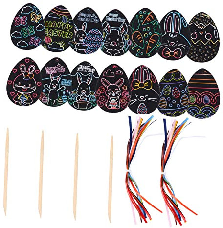 HOMOBABE 60stücke Osterkratzpapier Kreatives Basteln Mit Kratzkarten Holzstäbchen Bändern Für Ostereier Dekoration Bastelspaß Für Partys