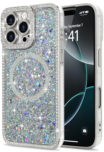 Lafunda Magnetic for iPhone 16 Pro Max Case Glitter Bling Luxury, Silver | Sparkly Rhinestone Diamonds Case, Compatible with MagSafe, for Women Girls Soft TPU Slim Shockproof Protective Phone Cover
