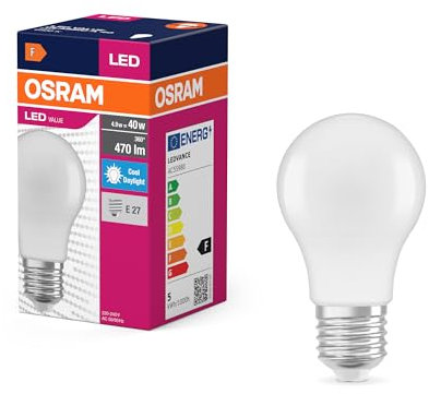 OSRAM Lampada LED Value Classic A40 forma lampadina 4,9W 865, 6500K luce diurna, E27, smerigliata, 470 lm, stabilità del colore