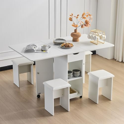 EROMMY Space-Saving Dining Set,Foldable Drop-Leaf Table with 4 PU Leather Chairs,Storage Shelves&Drawers & 6 Lockable Wheels for Compact Kitchens