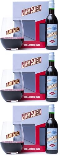 Jam Shed Red Wine Gift Set - Shiraz Australian 13.5% 187ml and 1x Stemless Glass, Perfect Wine Gifts for Men & Women, Birthday Gift for Hamper, Fathers Day (Pack of 3)