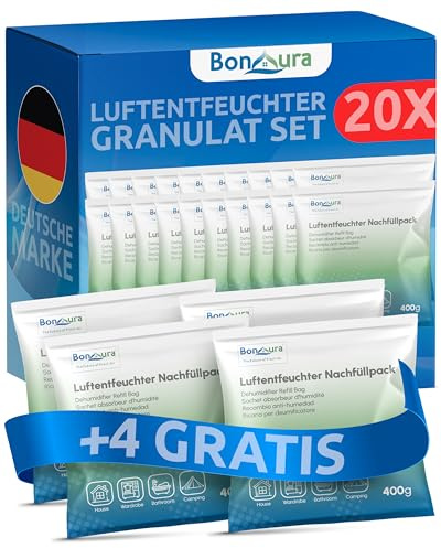 BonAura® Luftentfeuchter Nachfüllpack 24 x 400g - Großes Sparset Luftentfeuchter Granulat - 24er Set Entfeuchter Granulat - Schimmel- und Geruchsschutz
