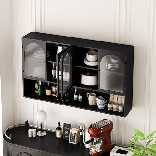 Ligterra 120 cm Hängeschrank Küche, Küchenhängeschränke mit 4 Glastüren, Hergestellt aus hochwertigem Eisen und gehärtetem Glas, zur Wandmontage, Geeignet für Küchen, Wohnzimmer(Schwarz)