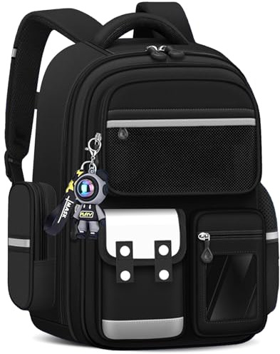 Amythe Schulranzen Jungen,Kinderrucksack Große mit Süßem Anhänger,Schwarz | Schultasche für Jungen 2. bis 5.Klasse, Leichter Rucksack Kinder für die Schule oder Reisen mit Mehreren Fächern,Schulstart