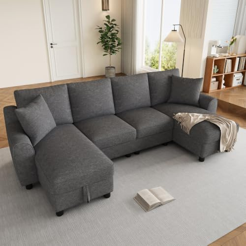 BTM Modern U Shaped Corner Sofa with Storage Chaise Lounges & 2 Cushions 4 Seater Comfy Couch for Living Room Grey