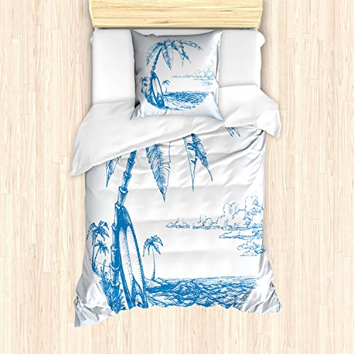 ABAKUHAUS Blau Weiss Bettbezug Set für Einzelbetten, Surf Hawaii-Strand, Milbensicher Allergiker geeignet mit Kissenbezug, Blau Weiss