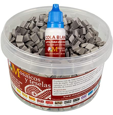 Secchio 1000 tessere grigie per mosaico piatto da 7,5 x 7,5 x 3 mm + colla bianca per uso scolastico