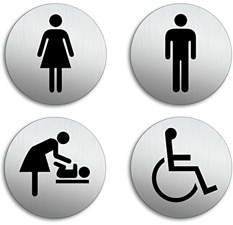 Schild WC Damen Herren Wickelraum Rollstuhl Ø 75 mm 4er-Set Aluminium Edelstahloptik