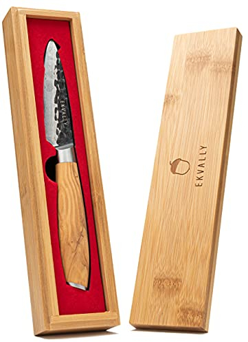 EKVALLY • BARK Damastmesser Officemesser Gemüsemesser 8,5cm Klinge 67 Lagen extrem scharf | Kochmesser aus Damaststahl mit Olivenholzgriff